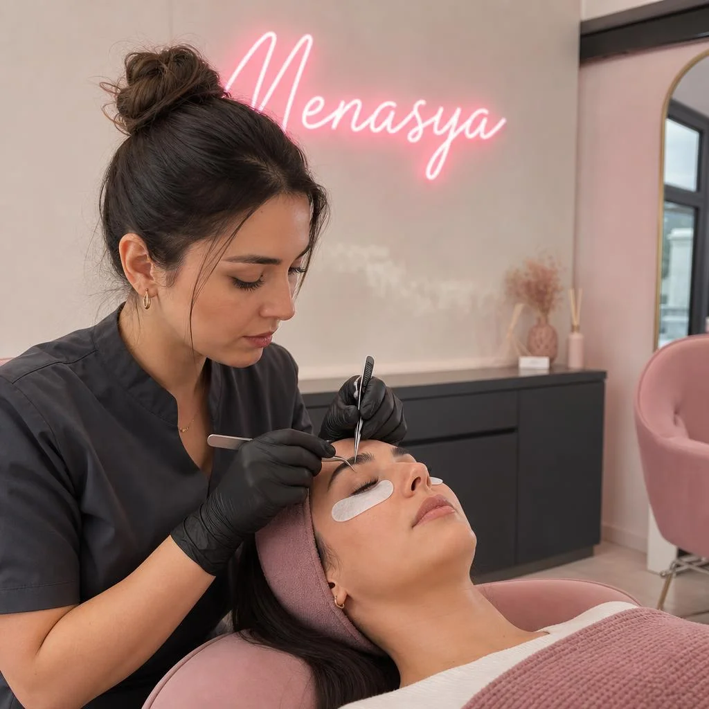 Pembe neon Menasya tabelalı temsili salonda gözleri kapalı kadın müşteriye kirpik bakımı uygulayan çalışan